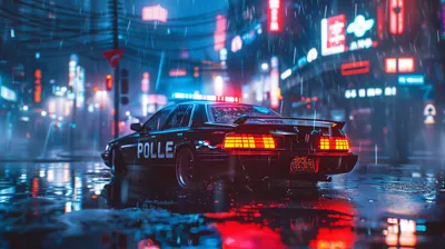 Police Car Lights Wet City World Wallpaper 4K 2912x1632 Hd, Desktop, Wallpaper, Featuring, A, Police, Car, With, Lights, Parked, Wet, City, White, Red, Ultrawide, QHD