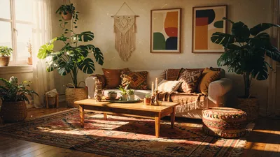 Boho Living Room Macram Wall Abstract Wallpaper 4K 4606x2590 Room, Ultrawide, 4k