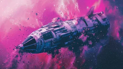 Damaged Spaceship Adrift Vibrant Wallpaper 4K, Space category