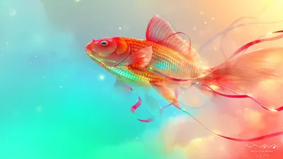 Vibrant Goldfish Flowing Abstract Wallpaper 4K 1920x1080 Vibrant, Goldfish, With, Flowing, Fins, Swimming, Against, A, Soft, Turquoise-to-peach, Gradient, Colorful, Gray, Ultrawide, Full HD