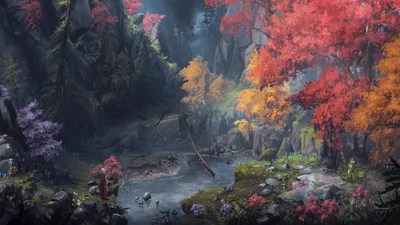Moody Warrior Wallpaper Abstract Wallpaper 4K 3000x1688 A, Warrior, Woman, Stands, In, An, Enchanted, Colorful, Forest, During, Fall, Depicted, Orange, Brown, Ultrawide, QHD