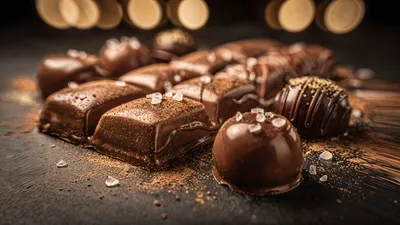 Close Artisanal Chocolates Sprinkled Salt Black/Dark Wallpaper 4K 4606x2590 Close-up, Sea, Ultrawide, 4k