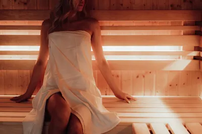 Woman Relaxing Finnish Sauna Abstract Wallpaper 4K 2208x1471 Full HD, Ultrawide
