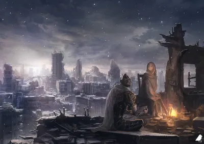 Definition Anime Depicting Post Apocalyptic World Wallpaper 4K 1920x1356 A, High-definition, Anime, Wallpaper, Depicting, Post-apocalyptic, Scene, Featuring, Two, Characters, Sitting, Fire, Gray, Landscape, Full HD