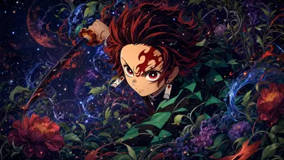 Tanjiro Kamado Dynamic Pose Amid Abstract Wallpaper 4K 3838x2158 Ultrawide, QHD