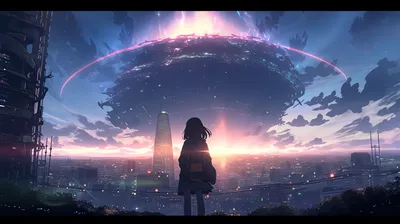 Anime Cityscape Sunrise World Wallpaper 4K 8736x4896 Anime-style, Cityscape, At, Sunrise, With, A, Glowing, Sky, Futuristic, Elements, Rendered, Ultra, White, Ultrawide, 4K