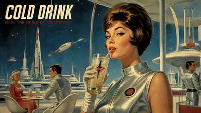 Retro Futuristic Woman Sipping Cold Space Wallpaper 4K 3838x2158 Retro-futuristic, Ultrawide, QHD