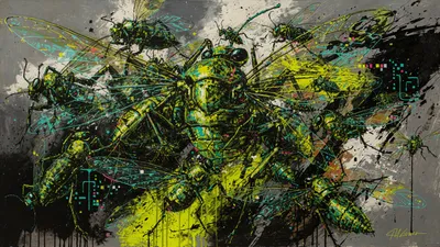 Bugcore Neon Green Cybernetic Technology Wallpaper 4K 4606x2590 Neon-green, Paint-splatter, Ultrawide, 4k
