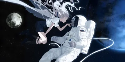 Anime Angel Flowing Space Wallpaper 4K 4096x2044 Anime-style, Angel, With, Flowing, White, Hair, Gently, Touching, Helmet, Floating, Astronaut, Space, Black, Ultrawide, 4K
