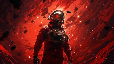 Astronaut Red Suit Space Wallpaper 4K 2912x1632 An, Astronaut, In, A, Striking, Red, Suit, Stands, Against, Dramatic, Backdrop, Swirling, Ultrawide, QHD