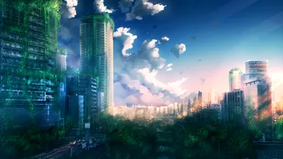 Anime Cityscape Sunset World Wallpaper 4K 2880x1620 An, Anime-style, Cityscape, At, Sunset, With, Lush, Greenery, Enveloping, Tall, Buildings, Under, White, Ultrawide, QHD