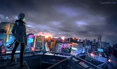 Definition Anime Urban World Wallpaper 4K 2000x1192 A, High-definition, Anime-style, Urban, Cityscape, From, Fisheye, Placebo, Character, Stands, Rooftop, Gray, Ultrawide, Full HD