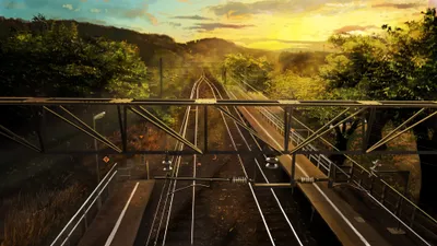 Moody Anime Wallpaper Nature Wallpaper 4K 3839x2160 Anime-style, Hd, Desktop, Wallpaper, Depicting, A, Serene, Train, Station, Railroad, Sunset, Surrounded, Pink, Gray, White, Ultrawide, QHD