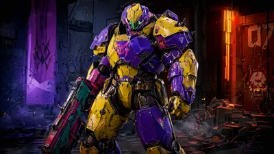 Power Armor Warrior Battered Abstract Wallpaper 4K 3838x2158 Yellow-and-purple, Neon-lit, Ultrawide, QHD