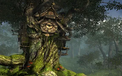 Fantasy Forest Treehouse Clock Wallpaper 4K, Nature category