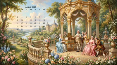 August Calendar Rococo Garden Fantasy Wallpaper 4K 5502x3070 Ultrawide, 4k