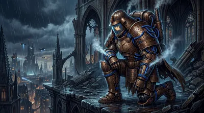 Power Armor Trooper Kneels Ruined Animals Wallpaper 4K 5502x3070 Rain, Neon, Ultrawide, 4k
