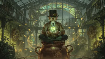 Steampunk Leprechaun Hat Levitates Copper Abstract Wallpaper 4K 4606x2590 Dark-green, Ultrawide, 4k
