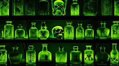 Radiant Collection Wallpaper Abstract Wallpaper 4K 2912x1632 Hd, Wallpaper:, Featuring, A, Collection, Of, Eerie, Green, Potions, Skulls, Showcasing, Toxic, Red, Ultrawide, QHD