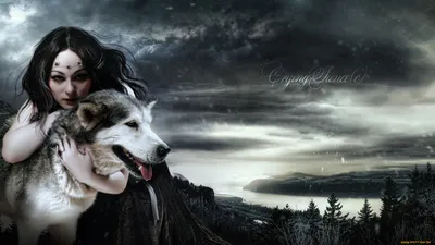 Epic Mystical Wallpaper Animals Wallpaper 4K 1920x1080 A, Mystical, Woman, Embraces, Wolf, Against, Dramatic, Landscape, Dark, Skies, Distant, Waters, White, Ultrawide, Full HD