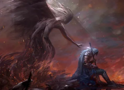 Dark Demon Like Figure Reaches Games Wallpaper 4K 2000x1460 A, Dark, Demon-like, Figure, Reaches, Toward, Kneeling, Warrior, Dramatic, Fiery, Landscape, Captures, Brown, Gray, Full HD