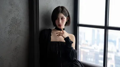 Short Haired Woman Black Black/Dark Wallpaper 4K 5502x3070 Short-haired, Off-shoulder, K-pop, Ultrawide, 4k