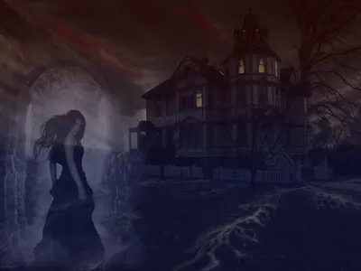 Dark Haunted House Black/Dark Wallpaper 4K 1400x1050 A, Dark, Haunted, House, Looms, In, The, Background, Illuminated, Eerie, Light, Ghostly, Landscape
