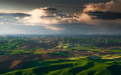 Radiant Rolling Wallpaper Nature Wallpaper 4K 1984x1240 Hd, Pc, Desktop, Wallpaper/background, Showing, Rolling, Grassland, With, Man-made, Wind, Turbines, Beneath, White, Ultrawide, Full HD