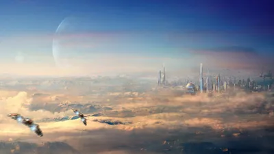 Radiant Sci Wallpaper Space Wallpaper 4K 1920x1080 A, Stunning, Sci-fi, City, Floats, Above, The, Clouds, Distant, Planet, Visible, Sky, Gray, White, Ultrawide, Full HD