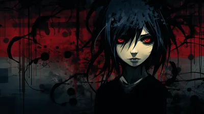 Emo Themed Artistic Representation Black/Dark Wallpaper 4K 2912x1632 Hd, Emo-themed, Desktop, Wallpaper:, Featuring, An, Artistic, Representation, Person, Black, Hair, Red, Gray, Blue, Ultrawide, QHD