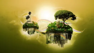 Golden Fantasy Wallpaper Nature Wallpaper 4K 2560x1440 A, Fantasy, Landscape, Featuring, Floating, Islands, Adorned, With, Trees, Wildlife, Including, Deer, White, Purple, Orange, Ultrawide, QHD