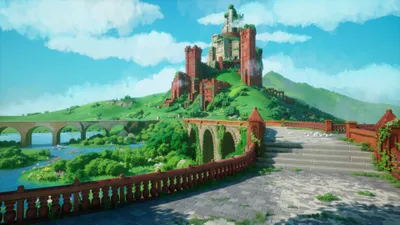 Serene Vibrant Wallpaper Fantasy Wallpaper 4K 3840x2160 A, Vibrant, Fantasy, Castle, Atop, Green, Hill, Stone, Bridge, Leading, Rendered, Stunning, White, Ultrawide, 4k