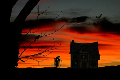 Dark Halloween Themed Nature Wallpaper 4K 1920x1280 Dark, Halloween-themed, Hd, Pc, Desktop, Wallpaper, Showing, A, Spooky, Silhouette, Figure, House, Orange, Red, Landscape, Full HD