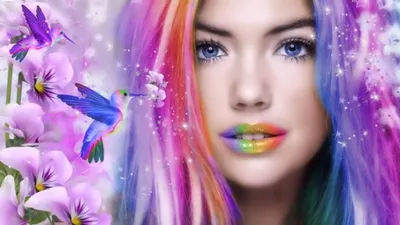 Bold Vibrant Wallpaper Abstract Wallpaper 4K 1920x1080 A, Vibrant, Fantasy, Scene, Featuring, Woman, With, Colorful, Hair, Rainbow, Lipstick, Blue, White, Ultrawide, Full HD