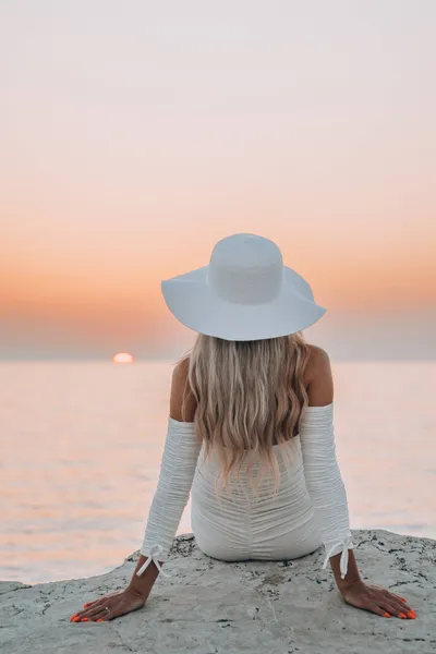 Woman White Hat Sitting Nature Wallpaper 4K 2208x3313 Sea, Full HD, Portrait