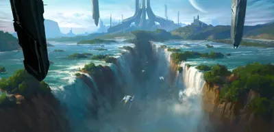 Vibrant Futuristic Wallpaper Nature Wallpaper 4K 4140x2000 Futuristic, Sci-fi, City, With, Towering, Structures, Overlooking, A, Massive, Waterfall, Vibrant, Otherworldly, Gray, White, Ultrawide, 4K
