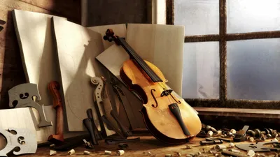 Beautifully Crafted Violin Rests Abstract Wallpaper 4K 2560x1440 A, Beautifully, Crafted, Violin, Rests, On, Workbench, Surrounded, Tools, Sheets, Paper, Illuminated, White, Gray, Brown, Ultrawide, QHD