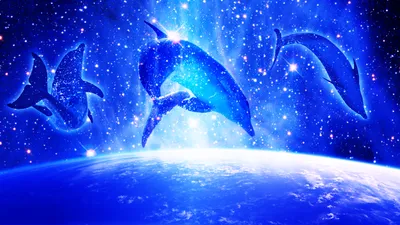 Three Glowing Dolphins Space Wallpaper 4K 2732x1536 Three, Glowing, Dolphins, Leap, Through, A, Starry, Cosmic, Expanse, Above, Earth, Creating, White, Blue, Ultrawide, QHD