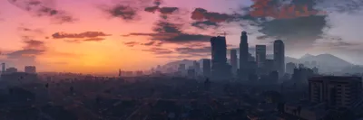 Sleek Sunset Wallpaper World Wallpaper 4K 6685x2218 Sunset, Skyline, Of, Los, Santos, City, From, Grand, Theft, Auto, Captured, Ultra, Gray, Pink, Ultrawide, 4K