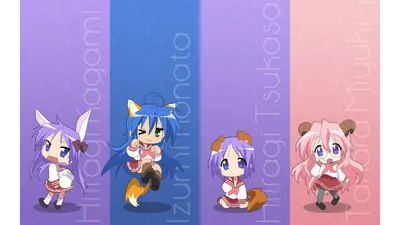 Chibi Anime Lucky Star Four Abstract Wallpaper 4K 2047x1152 Chibi, Anime, Lucky, Star, Hd, Pc, Desktop, Wallpaper, Showing, Four, Schoolgirls, Animal, Gray, Purple, Ultrawide, Full HD