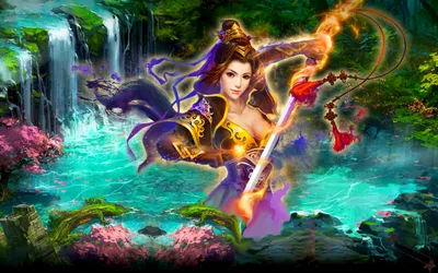Vivid Fantasy Wallpaper Fantasy Wallpaper 4K 1920x1200 A, Fantasy, Woman, Warrior, Wields, Staff, Amidst, Vibrant, Greenery, Cascading, Waterfalls, Creating, Purple, Orange, Brown, Ultrawide, Full HD