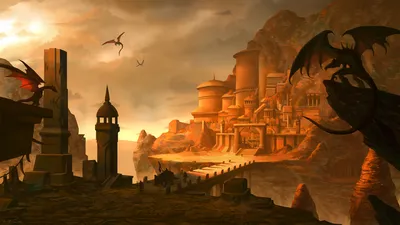 Fantasy Depicting Dragons Soaring Fantasy Wallpaper 4K 1920x1080 Hd, Fantasy, Pc, Desktop, Wallpaper, Depicting, Dragons, Soaring, Above, Majestic, Mountain, City, Orange, Purple, Ultrawide, Full HD
