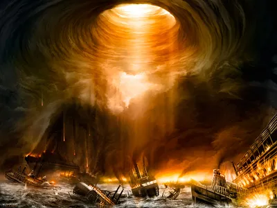 Dramatic Sci Apocalyptic Ships Engulfed Wallpaper 4K, Black/Dark category