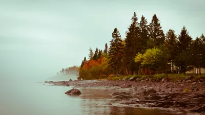 Nature Misty Fall Shoreline Rocky Nature Wallpaper 4K 3840x2160 Nature, 4K, Ultra, Hd, Pc, Desktop, Wallpaper/background, Misty, Fall, Shoreline, Rocky, Beach, White, Ultrawide