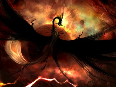Dark Winged Sci Creature Soars Space Wallpaper 4K 2048x1536 A, Dark, Winged, Sci-fi, Creature, Soars, Against, Fiery, Cosmic, Backdrop, Glowing, Planets, Brown, Landscape, Full HD