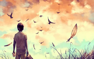Golden Artistic Wallpaper Animals Wallpaper 4K 1680x1050 Artistic, Painting, Of, A, Boy, Watching, Birds, Fly, Under, Golden, Sky, Designed, White, Ultrawide