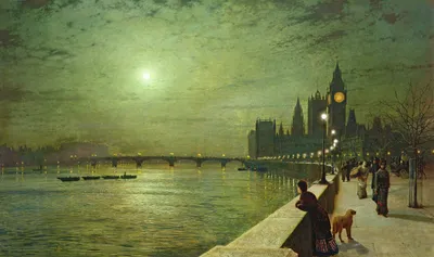 Serene Painting Riverside Night Figures Wallpaper 4K, Black/Dark category