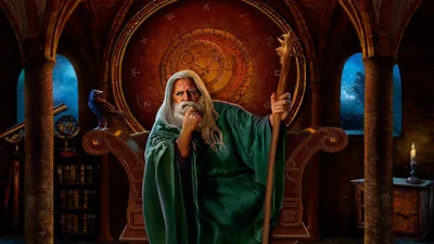 Fantasy Wizard Long White Fantasy Wallpaper 4K 3840x2160 A, Fantasy, Wizard, With, Long, White, Hair, Sits, Thoughtfully, Grand, Chair, Holding, Brown, Ultrawide, 4K