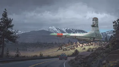 Bright Sci Wallpaper Nature Wallpaper 4K 2560x1440 A, Sci-fi, Spaceship, Lands, Near, Winding, Road, Where, Car, Drives, Through, Mountainous, Gray, Ultrawide, QHD