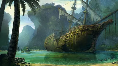 Crisp Majestic Wallpaper Fantasy Wallpaper 4K 1920x1080 A, Majestic, Wrecked, Fantasy, Ship, Partially, Submerged, In, Tranquil, Waters, Surrounded, Lush, Gray, White, Ultrawide, Full HD